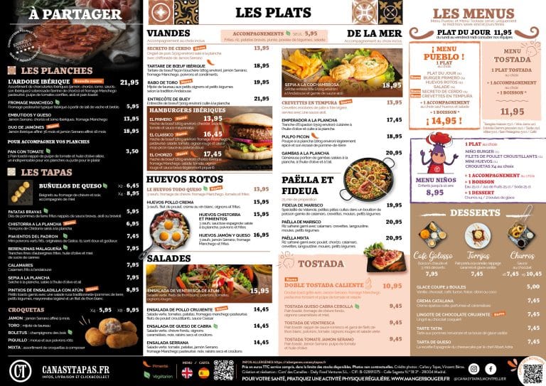 Carte restaurant cañas y Tapas Montpellier